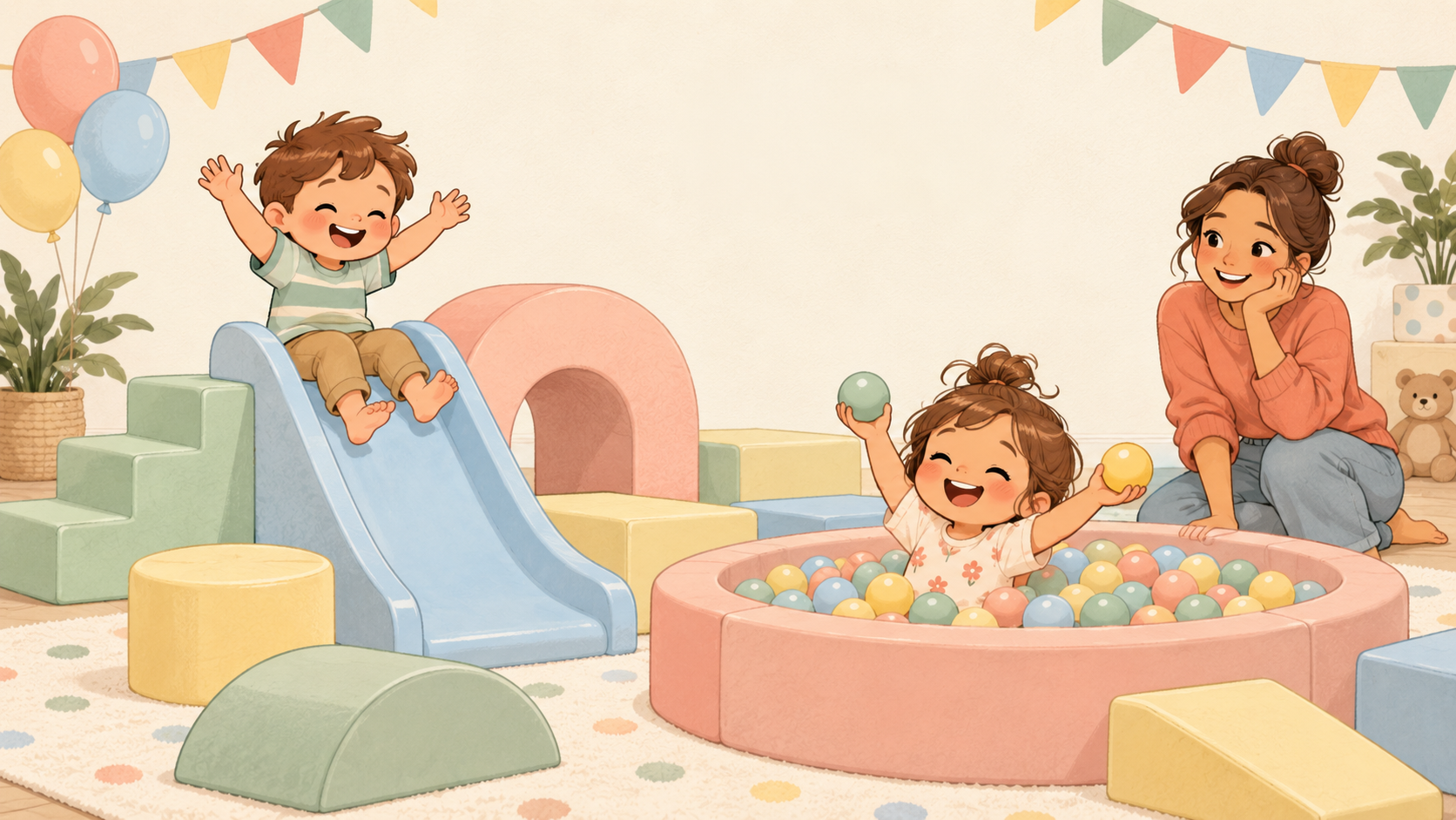 Illustrative Vorschau zum geplanten Erklärfilm: Kinder spielen auf einer Softplay-Rutsche und im Bällebad, eine Mutter sieht ihnen zu