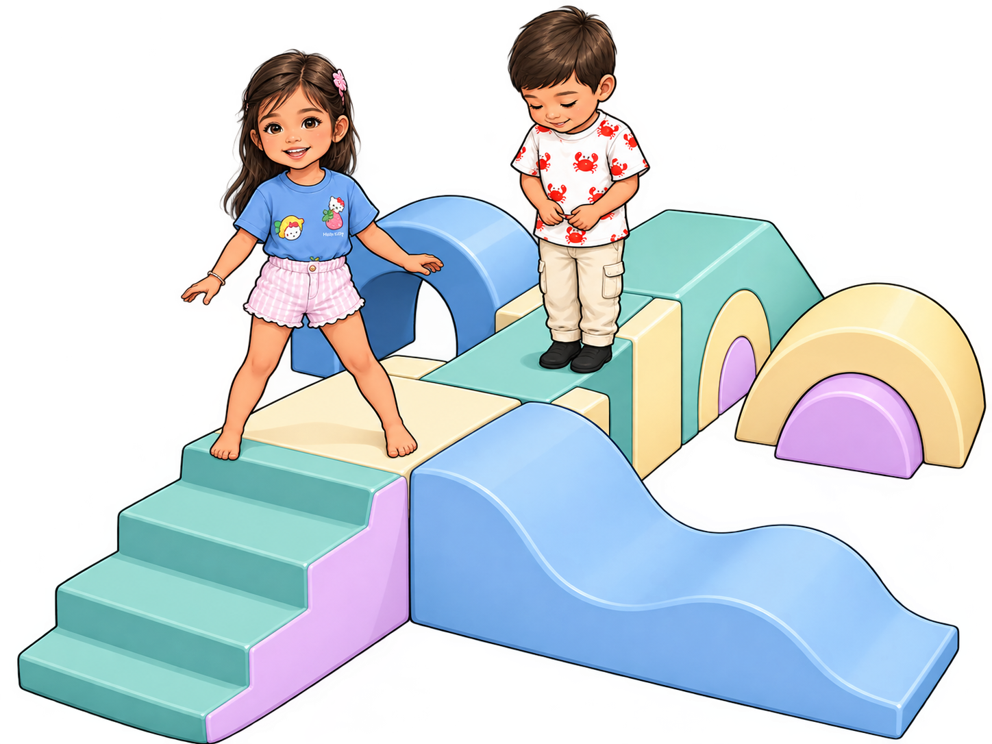 Zwei Kinder spielen auf dem bunten Softplay-Gym mit Treppe, Rutsche und Bögen, Illustration aus unserer Broschüre